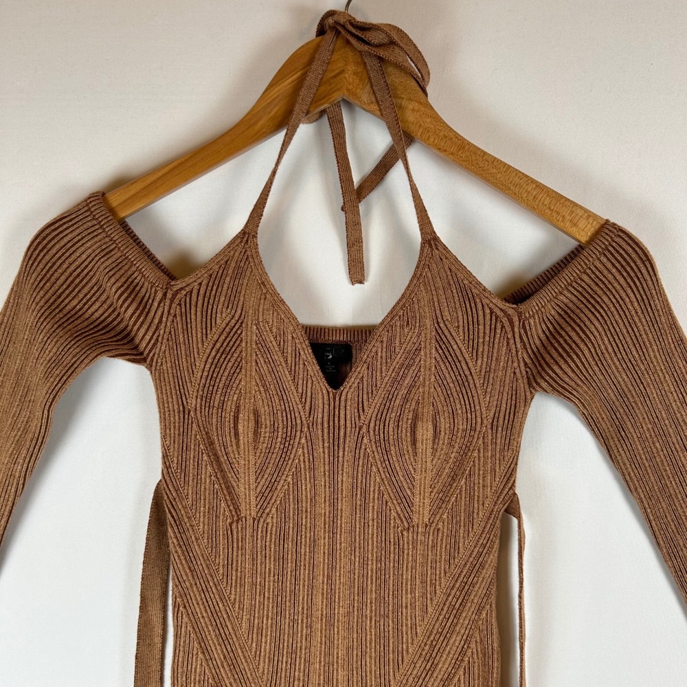 NBD Brown Ribbed Knit Stasia Halter Wrap Midi Dress Small - Picture 6 of 9